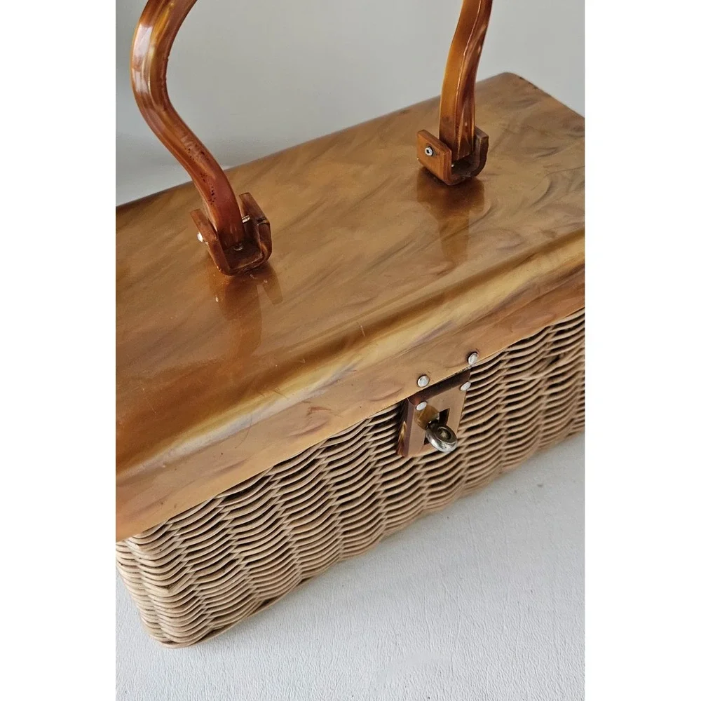 Vintage Plastic Wicker Gold Marbled Swirl Box Purse